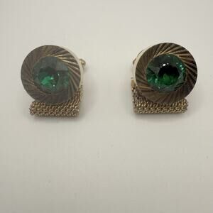Gold Tone Green Stone Cufflinks Mesh Rhinestone Dressy